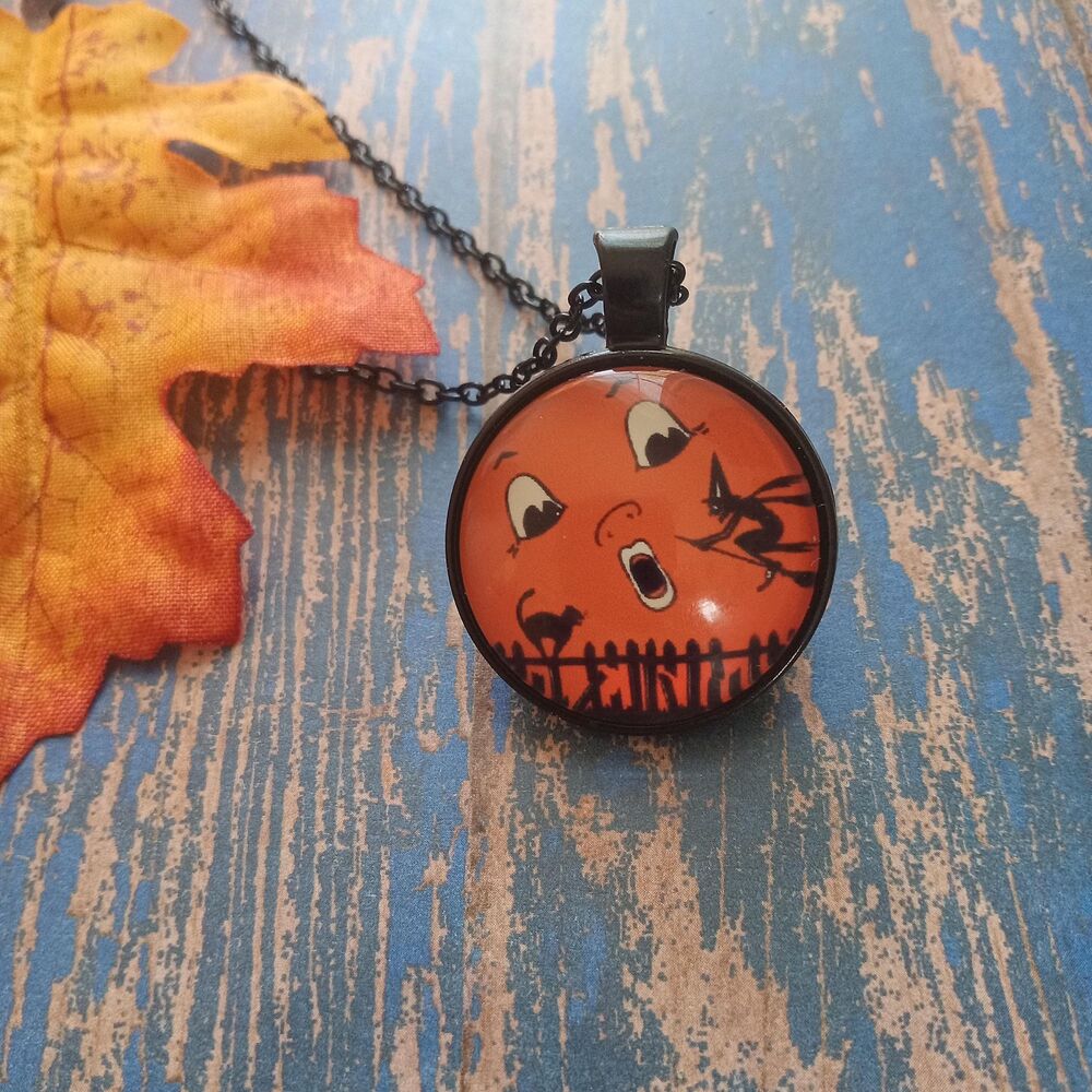 Moon Face Witch Pendant Necklace, Halloween Jewelry, Glass Cabochon Necklace, Or